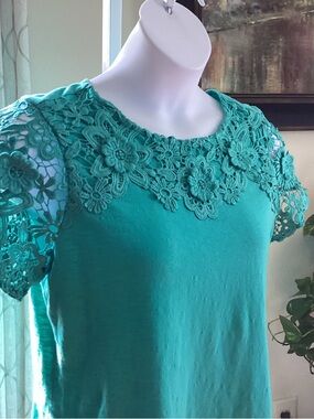 Charter Club Teal Slub Knit Top with Embroidered Neckline and Sleeves PL